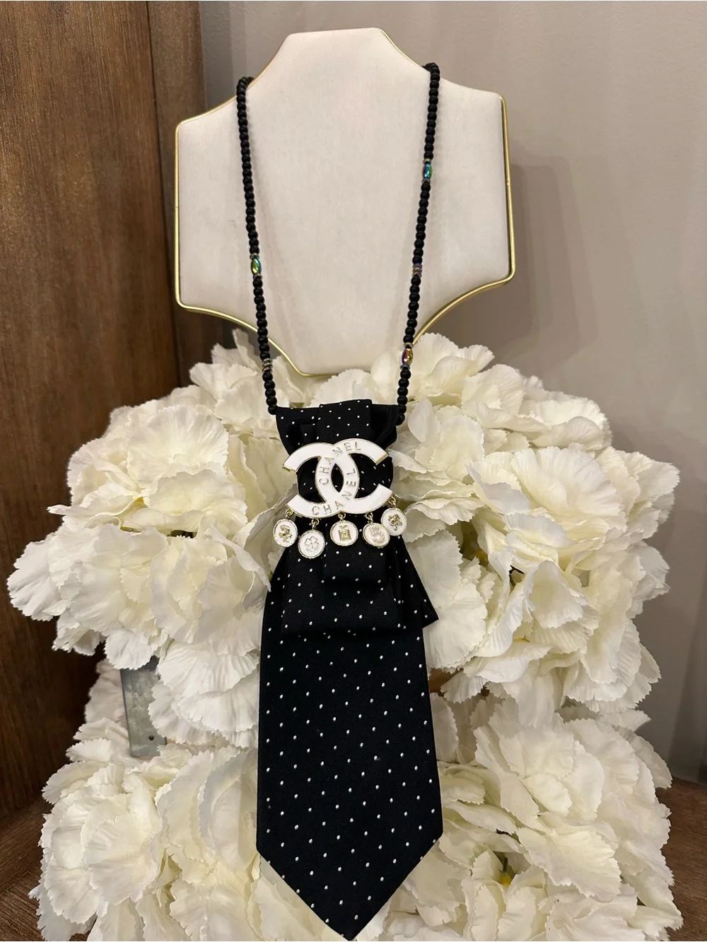 Luxury Inspired Black Polka Dot Silk Tie Necklace